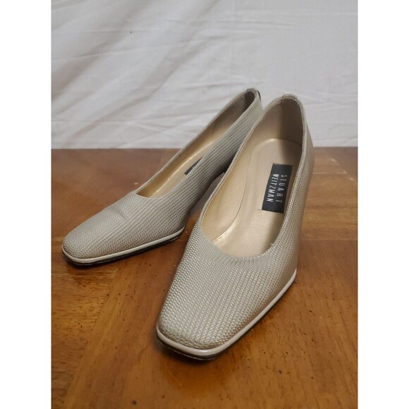 Stuart Weitzman Gold Woven Square Toe Block Heels Shoes Pumps Size 6.5B - Picture 1 of 7